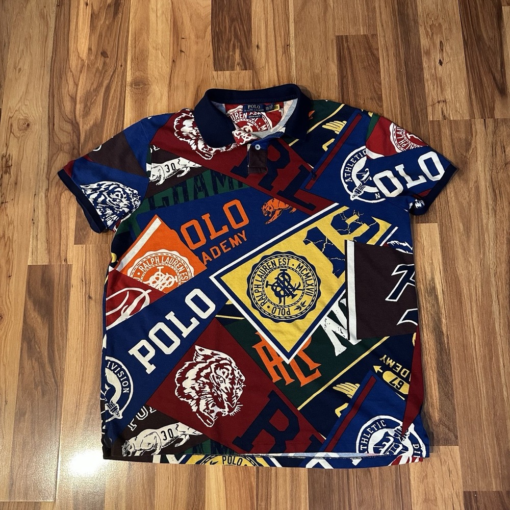 POLO RALPH LAUREN Collegiate Pennant Flag Polo Shirt XXL Prep Rally Rare HTF AOP